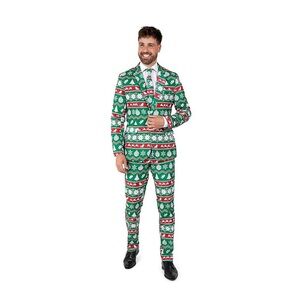 Christmas Suit Mens Medium Green Suitmeister Jacket Pants Tree Reindeer Preowned